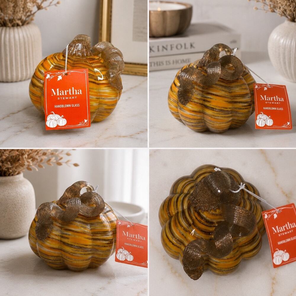♡ Martha Stewart Handblown Glass Pumpkin – Orange & Amber Swirl